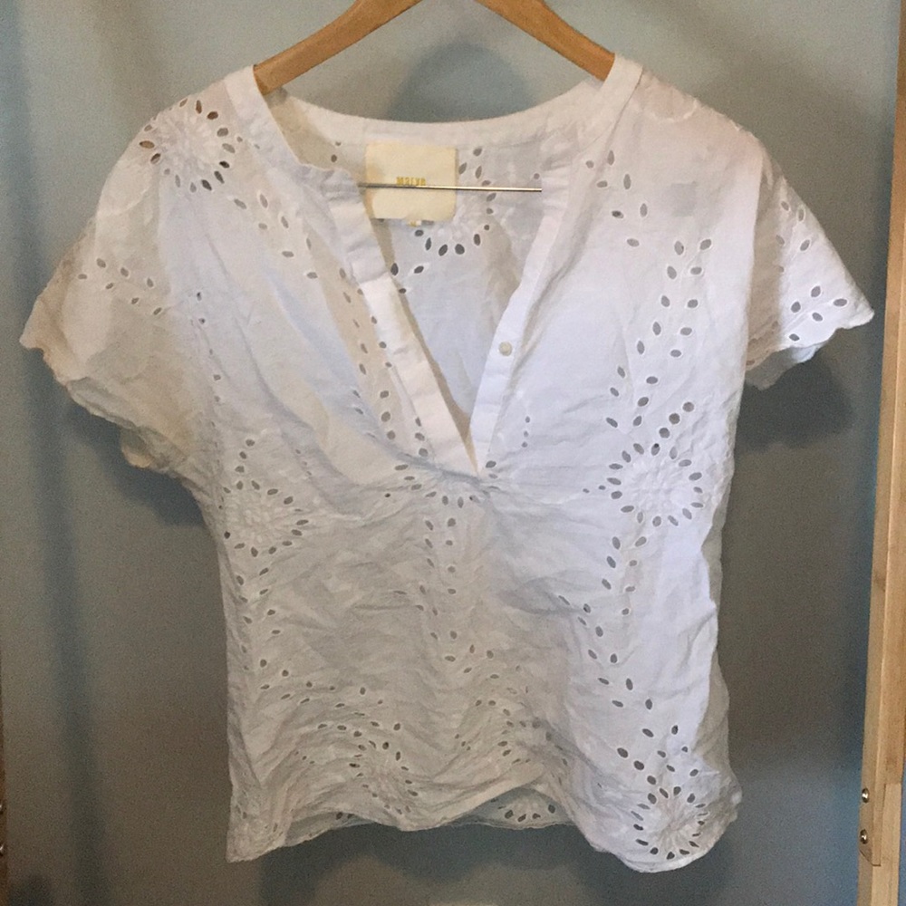 Maeve Eyelet White Splitneck Blouse